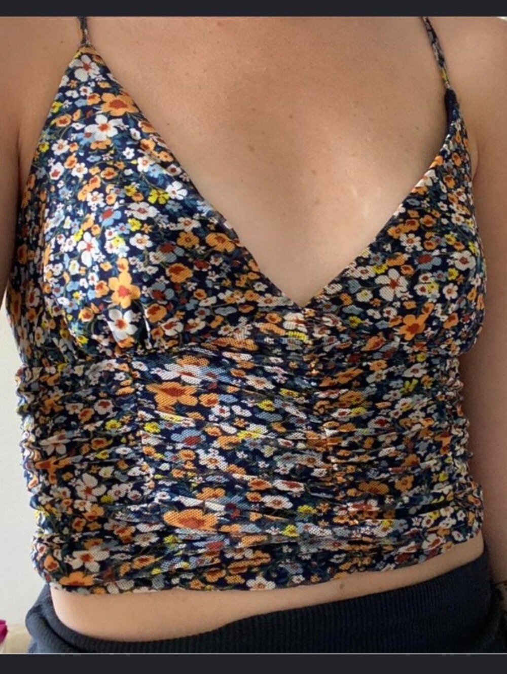 Urban Outfitters Navy Floral Ruched V-Neck Cami Tank top
